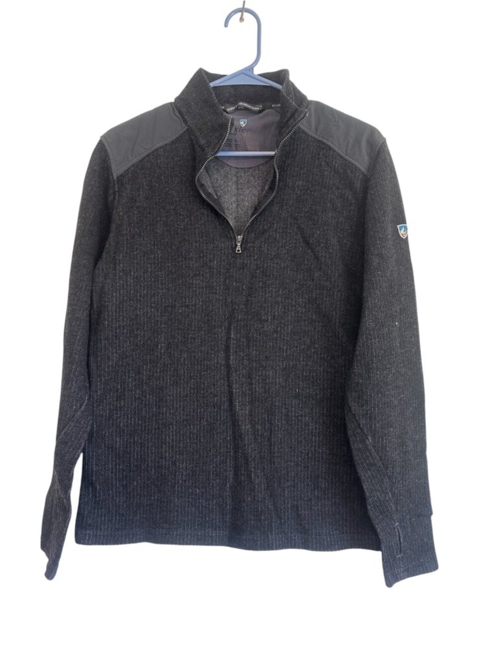 Kuhl Chianti Fleece Wool Sweater Black Quarter Zip Thumbholes Outdoor Gorpcore